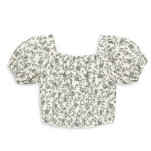 Rylee + Cru Skipper Top Vines Floral Puff Sleeve Crop Blouse Cream Blue Gray 6-7